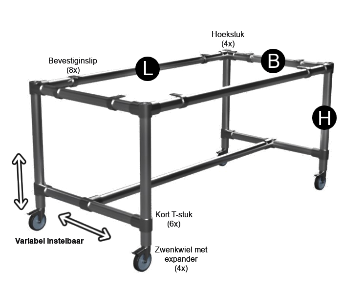 Zwarte steigerbuis onderstel tafel uit buis Ø 48,3 mm zwenkwielen